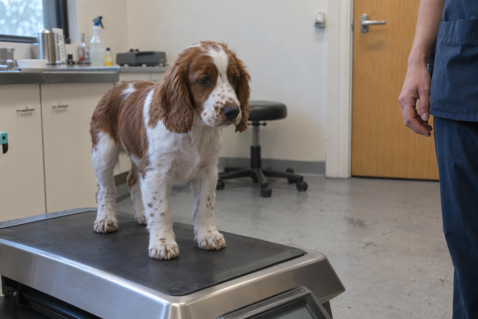 Veterinár kontroluje hmotnosť a rast mladého šteniatka na váhe